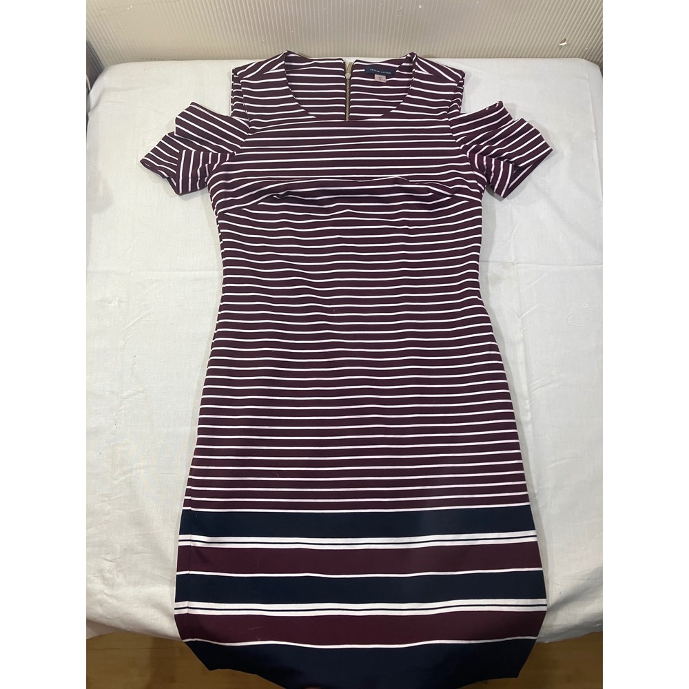 Tommy Hilfiger Burgundy Striped Cold Shoulder Sheath Dress Size 8 Back Zip